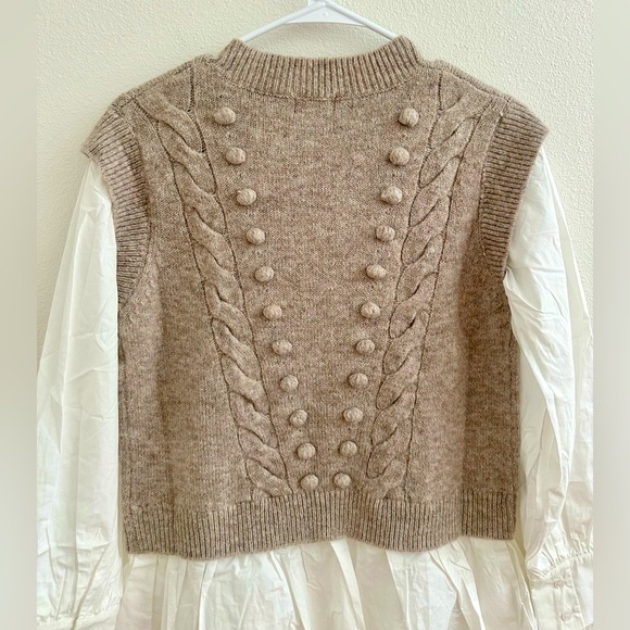NEW Fate Tan Crew Neck Cable Knit Sweater Vest with Attached white Blouse - Picture 2 of 7